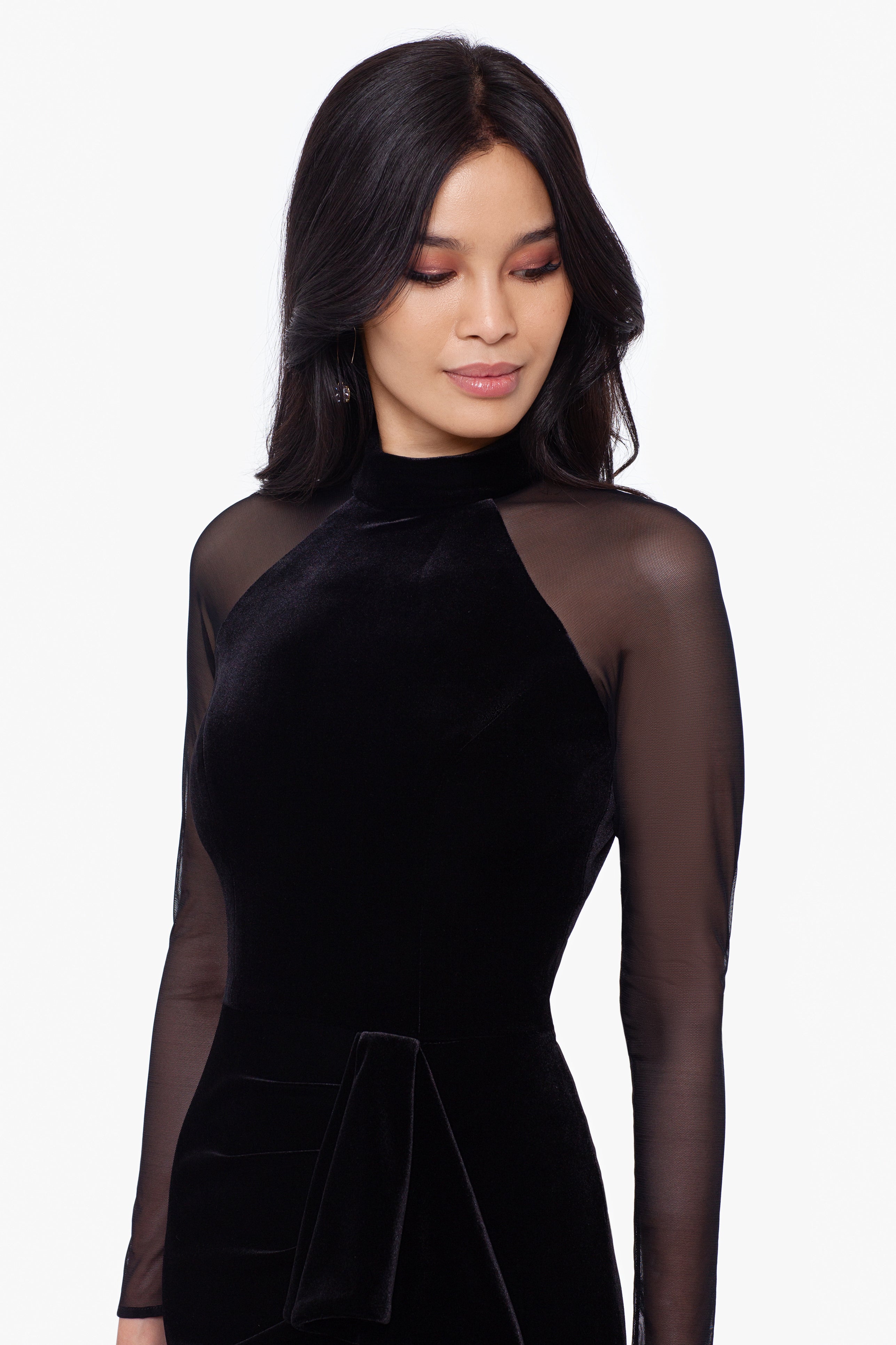 "Valentina" Long Velvet Mesh Illusion Sleeve Dress