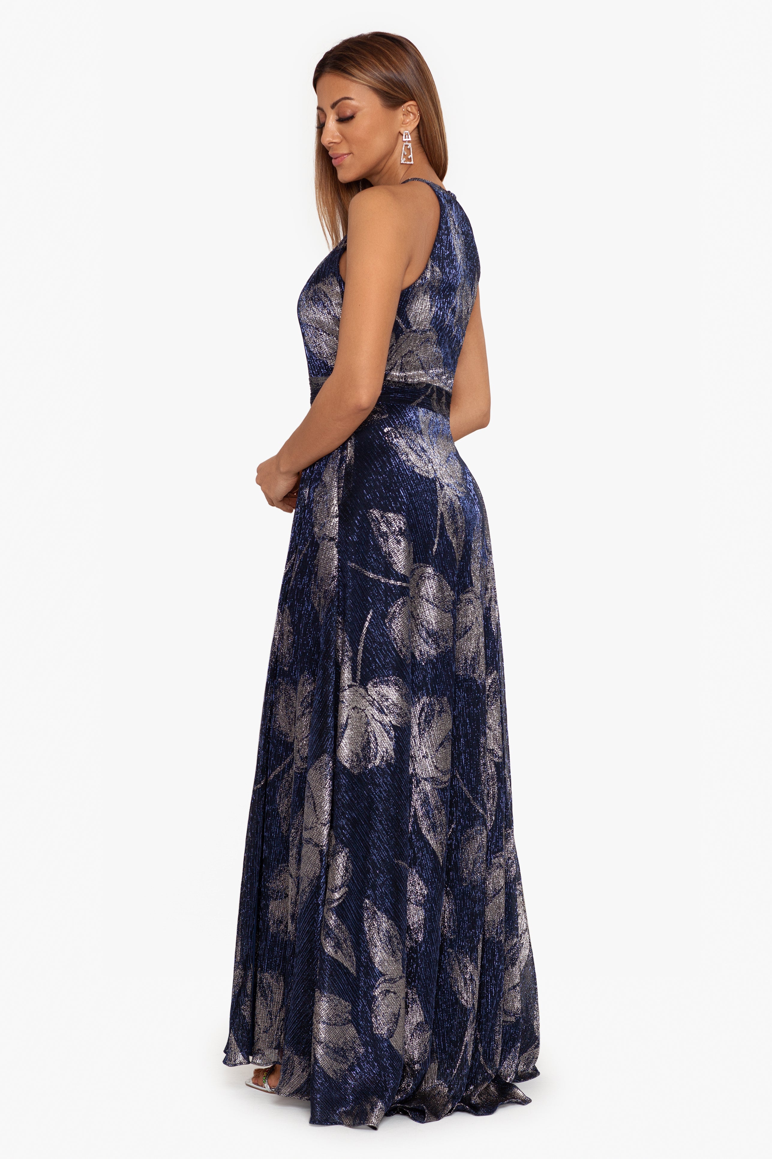 "Ilaria" Long Halter Foil Print Dress