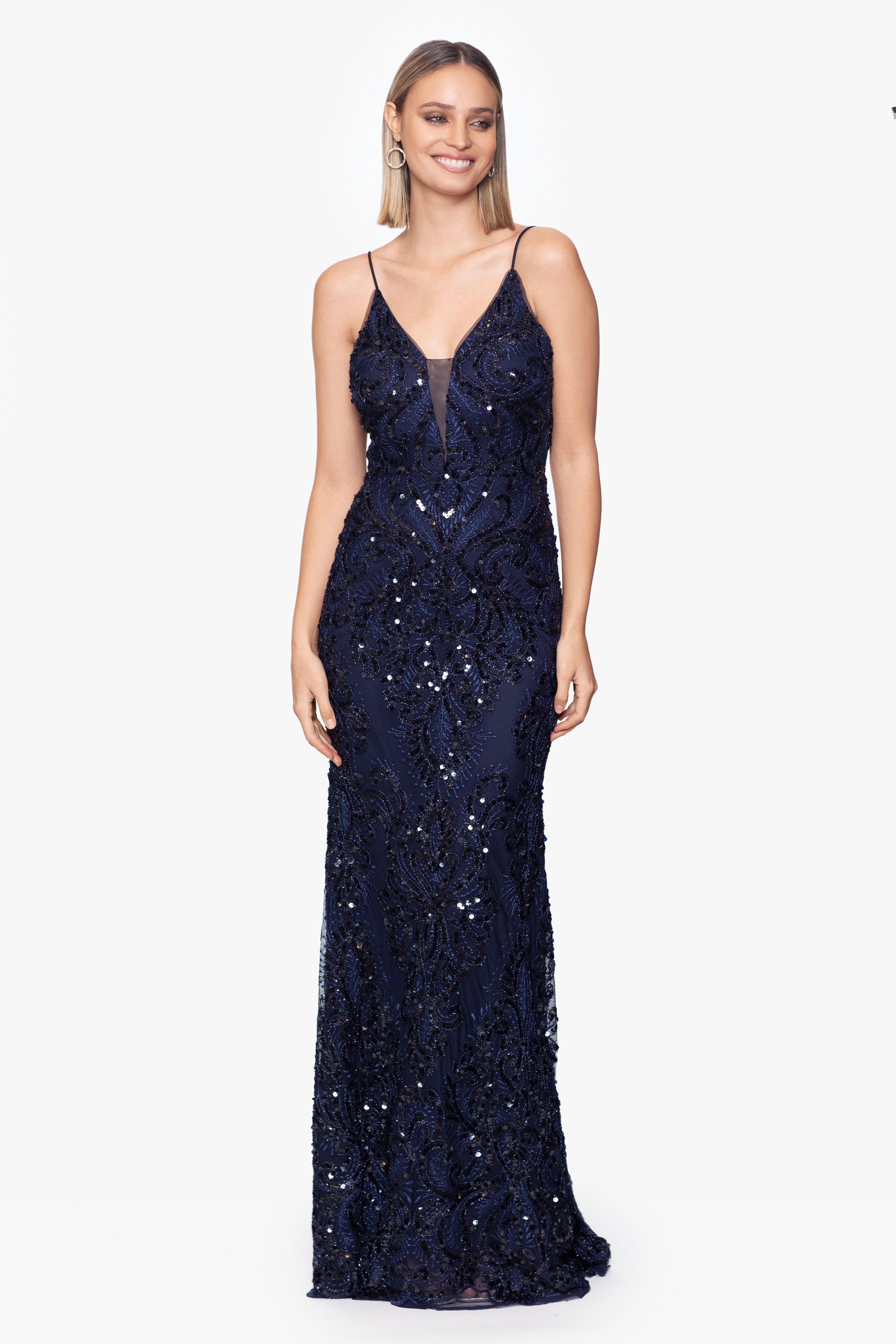 "Nina" Long Sequin Illusion V-Neck Dress